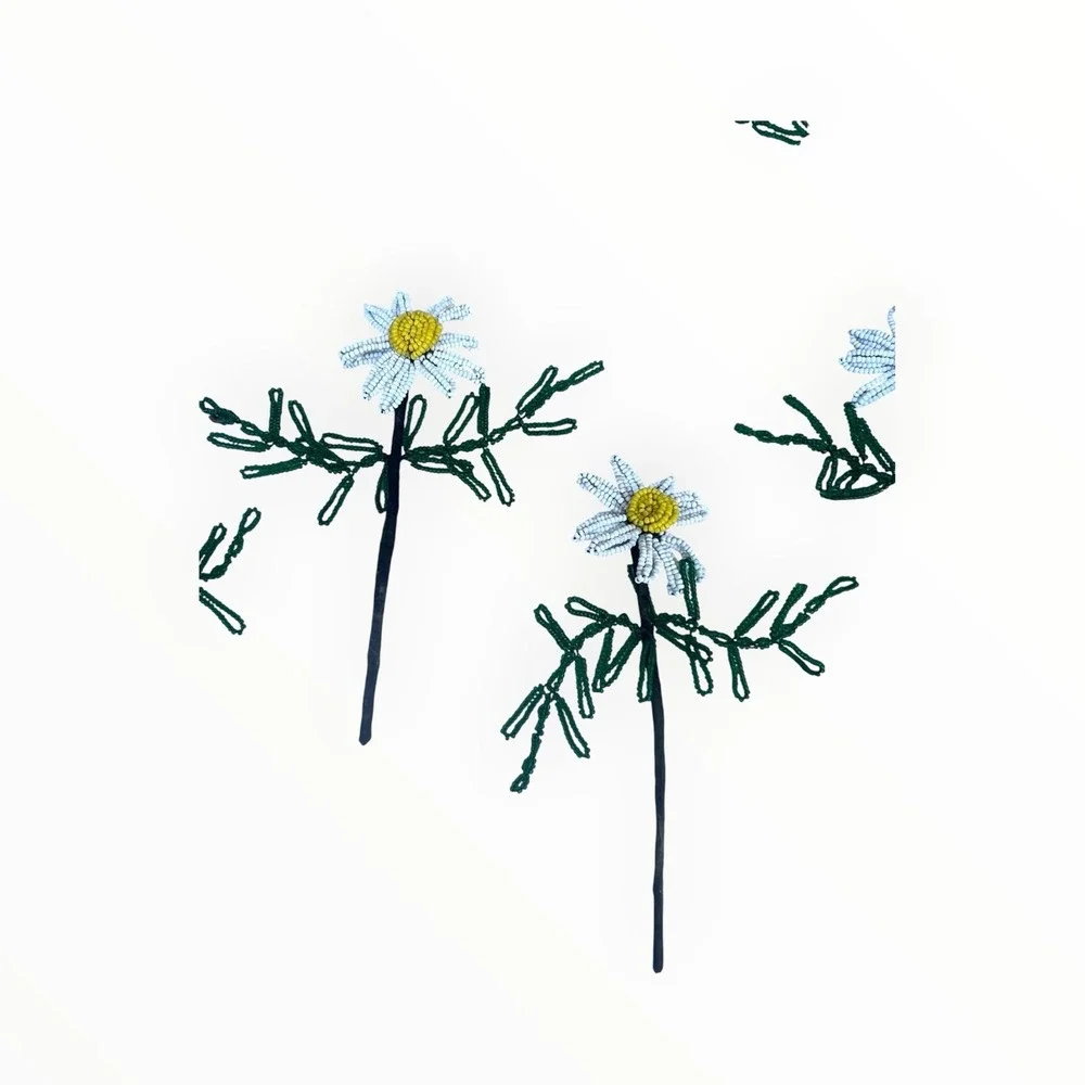 Vintage French Beaded Daisy Flowers 10 Stems Seed Bead Handmade Floral Decor